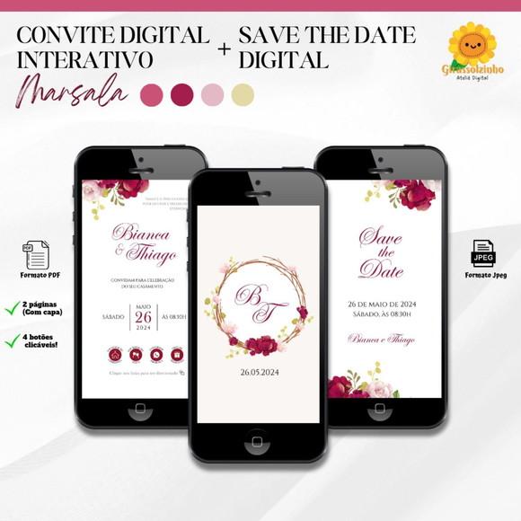 Convite de Casamento Interativo Marsala 2 + Save The Date