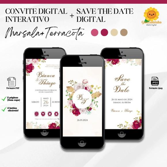 Convite de Casamento Interativo Marsala/terra+save The Date