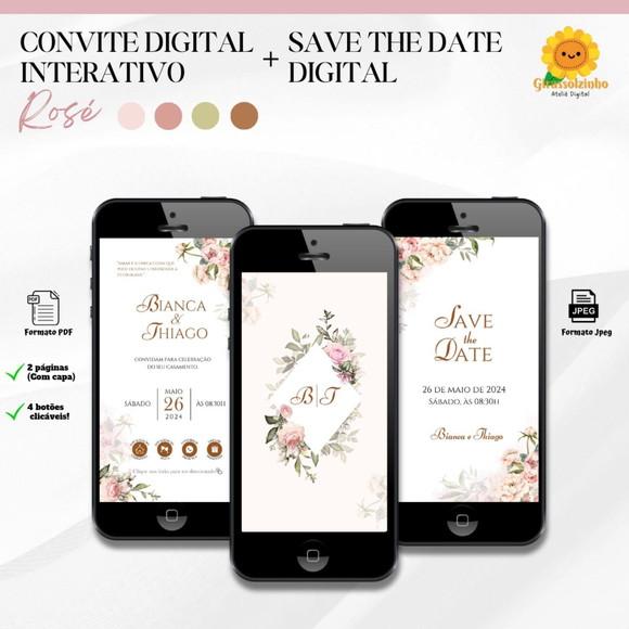 Convite de Casamento Interativo Rose Boho+ Save The Date