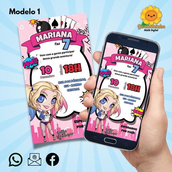 Convite Digital Arlequina Cute (2 Modelos)