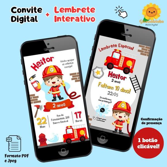 Convite Digital Bombeiro Cute + Lembrete Interativo