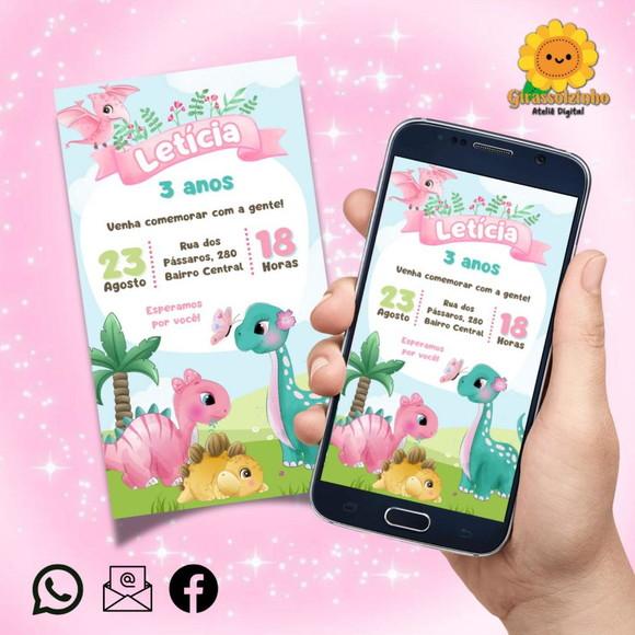 Convite Digital Dino Baby Rosa 4 + Brinde