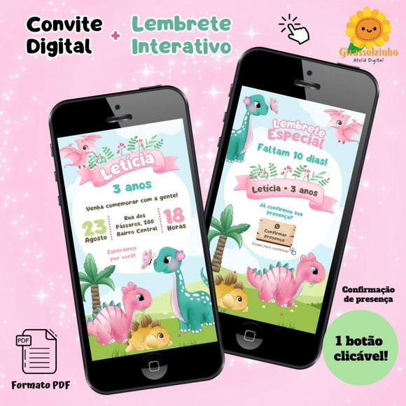 Convite Digital Dino Baby Rosa + Lembrete Interativo
