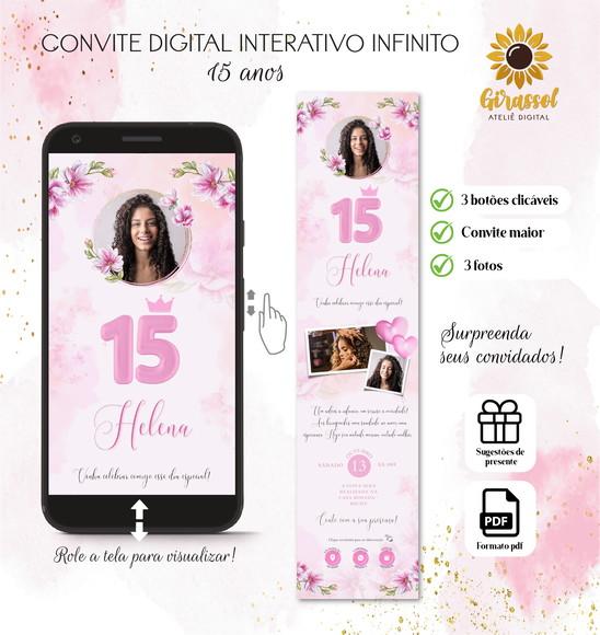 Convite Digital Interativo 15 Anos Floral Rosa (3 Fotos)