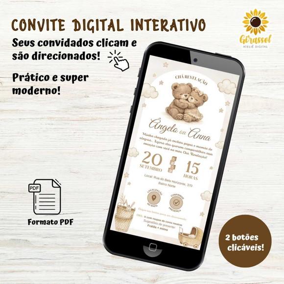 Convite Digital Interativo Chá Revelação Ursinho Bege