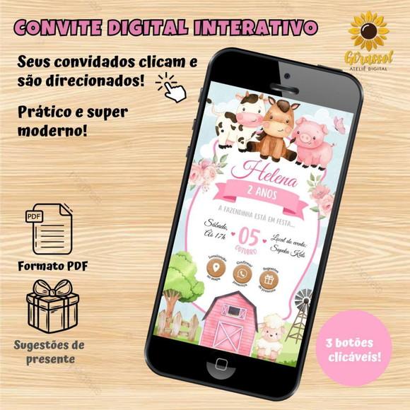 Convite Digital Interativo Fazendinha Rosa