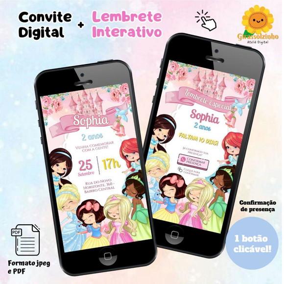 Convite Digital Princesas Cute + Lembrete Interativo
