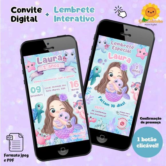 Convite Digital Sereia Cute + Lembrete Interativo