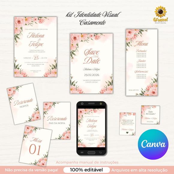 Kit Identidade Visual de Casamento Rosé (editável Canva)