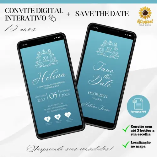 Convite 15 Anos Interativo + Save The Date Azul Turquesa