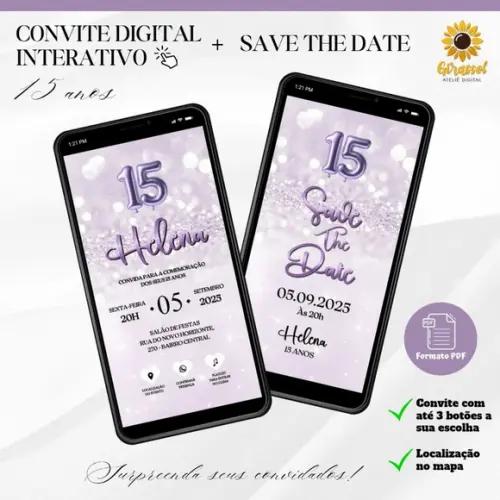 Convite 15 Anos Interativo + Save The Date Lilás Glitter