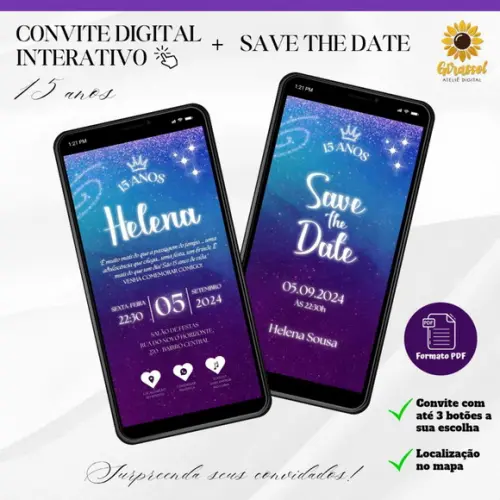 Convite 15 Anos Interativo + Save The Date Galáxia