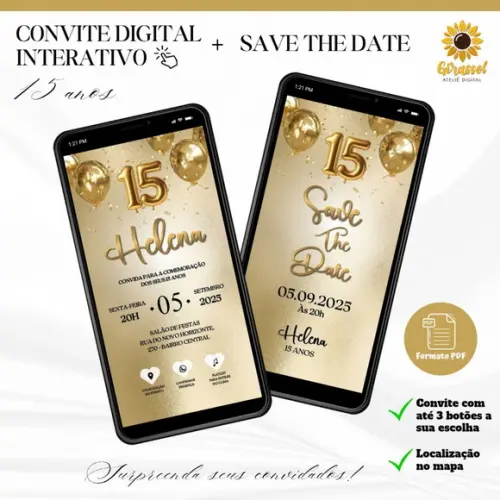Convite 15 Anos Interativo + Save The Date Dourado 2