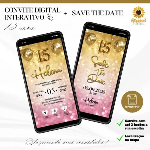 Convite 15 Anos Interativo + Save The Date Dourado e Rosa
