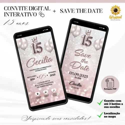 Convite 15 Anos Interativo + Save The Date Rose 3