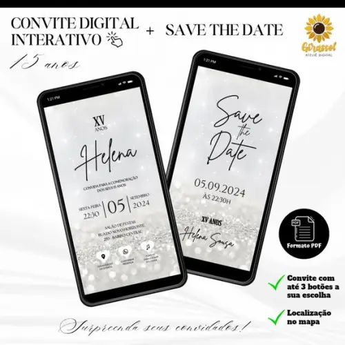 Convite 15 Anos Interativo + Save The Date Prata/prateado 2