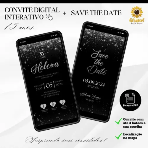 Convite 15 Anos Interativo + Save The Date Prata/prateado 32