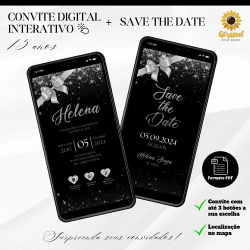 Convite 15 Anos Interativo + Save The Date Prata/prateado