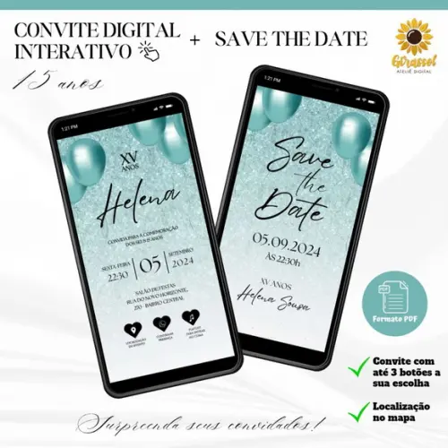 Convite 15 Anos Interativo + Save The Date Verde Glitter