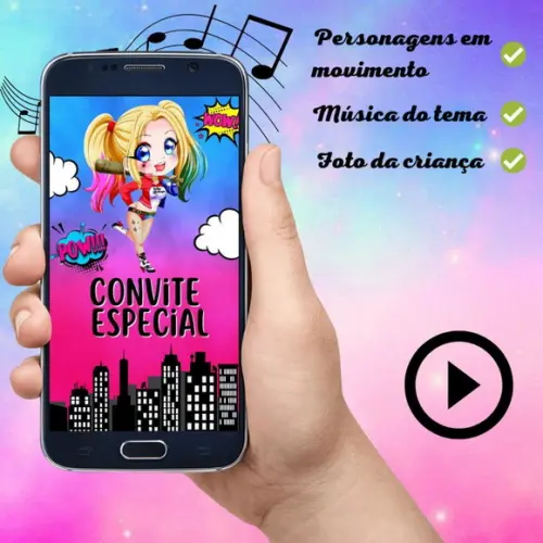 Convite Animado Arlequina Cute (com Foto)
