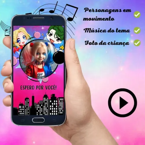 Convite Animado Arlequina Cute (com Foto)