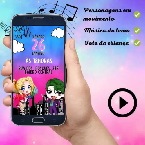 Convite Animado Arlequina Cute (com Foto)