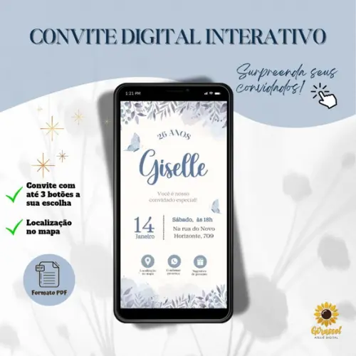 Convite Aniversário Interativo Boho Azul