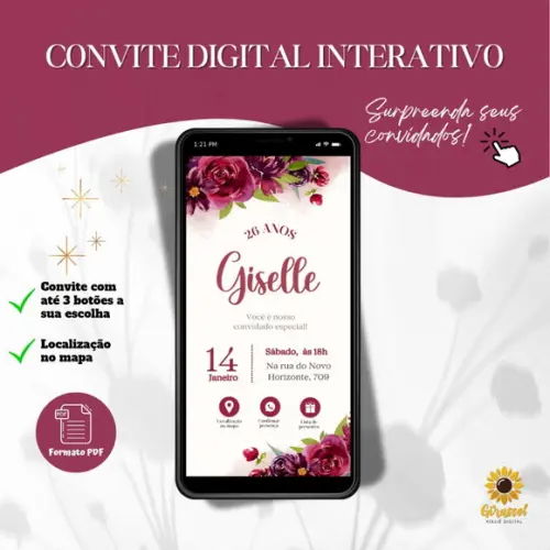 Convite Aniversário Interativo Floral Marsala