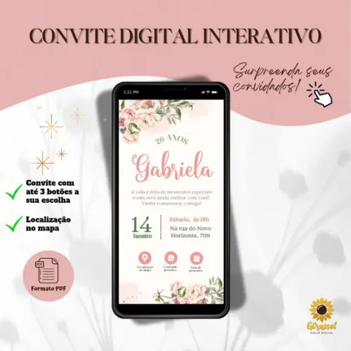 Convite Aniversário Interativo Floral Rosa