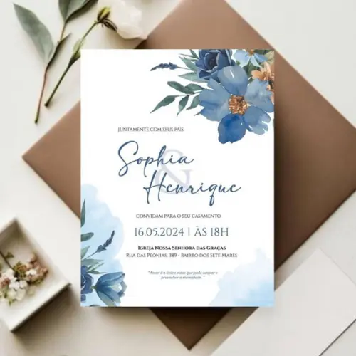 Convite de Casamento Floral Azul (arte para Imprimir)