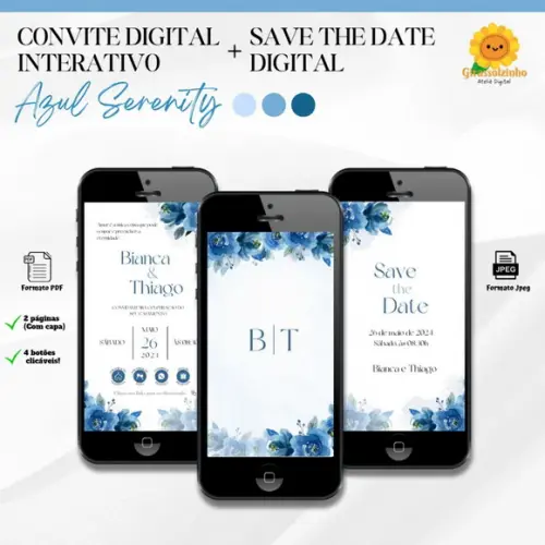 Convite de Casamento Floral Azul Eternity+ Save The Date