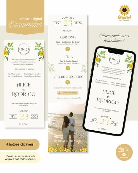 Convite de Casamento Interativo Amarelo Boho (infinito)