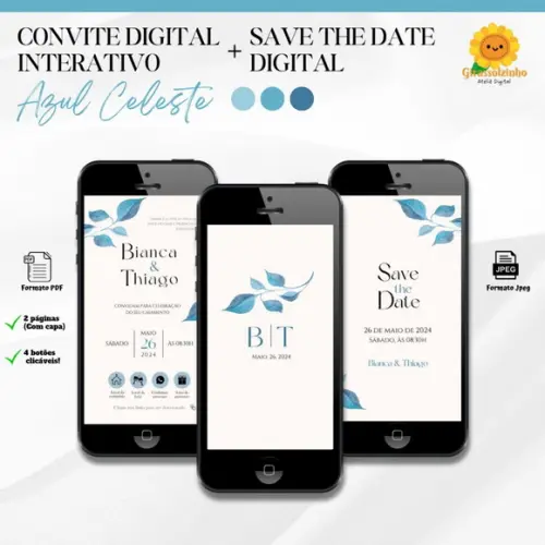 Convite de Casamento Interativo Azul + Save The Date