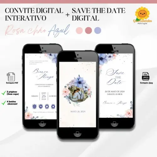 Convite de Casamento Interativo Azul e Rose + Save The Date