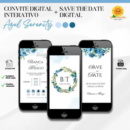 Convite de Casamento Interativo Azul + Save The Date