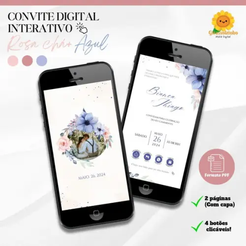 Convite de Casamento Interativo Floral Rosa Chá e Azul