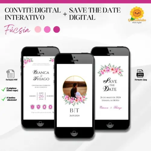 Convite de Casamento Interativo Fucsia + Save The Date