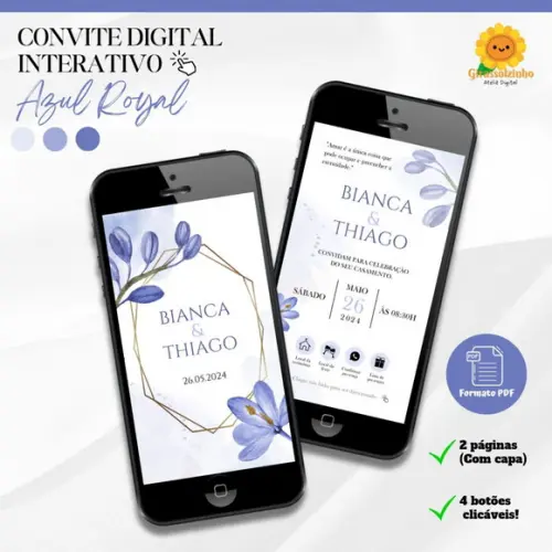 Convite de Casamento Interativo Floral Azul