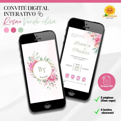 Convite de Casamento Interativo Flores Rosa