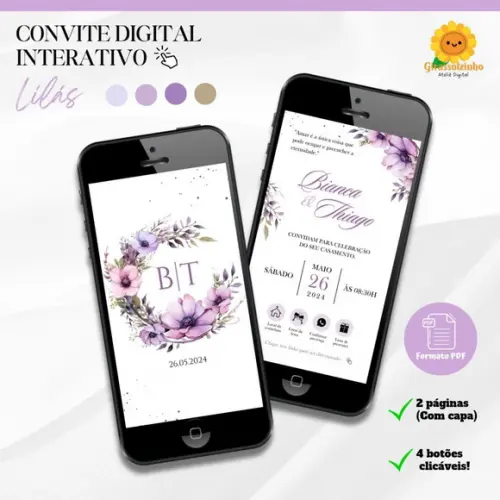 Convite de Casamento Interativo Floral Lilás Boho