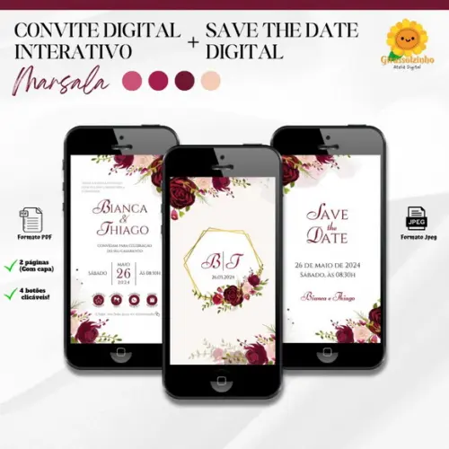 Convite de Casamento Interativo Marsala + Save The Date