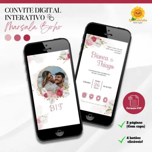 Convite de Casamento Interativo Marsala Boho
