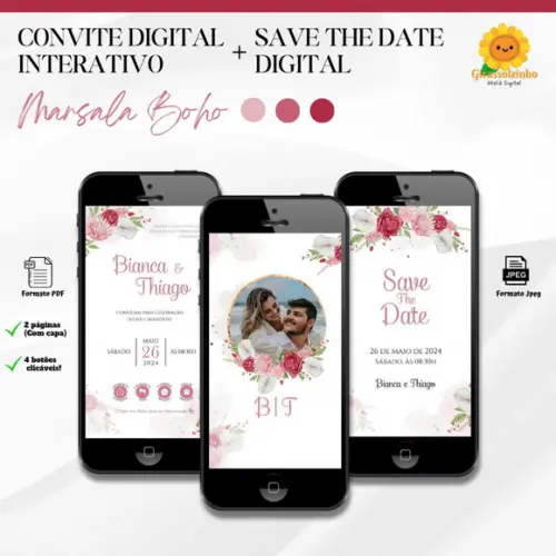 Convite de Casamento Interativo Marsala Boho + Save The Date