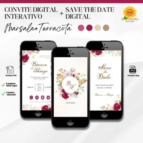 Convite de Casamento Interativo Marsala/terra+save The Date