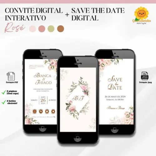 Convite de Casamento Interativo Rose Boho+ Save The Date