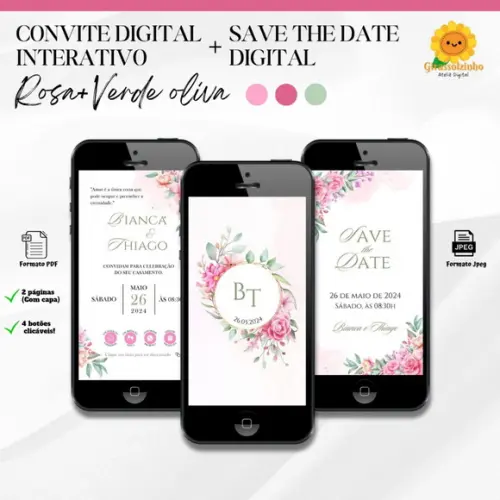 Convite de Casamento Interativo Rosa e Verde + Save The Date