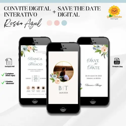 Convite de Casamento Interativo Rose e Azul + Save The Date