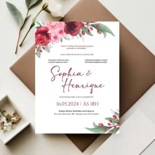 Convite de Casamento Marsala/ Vermelho (arte para Imprimir)