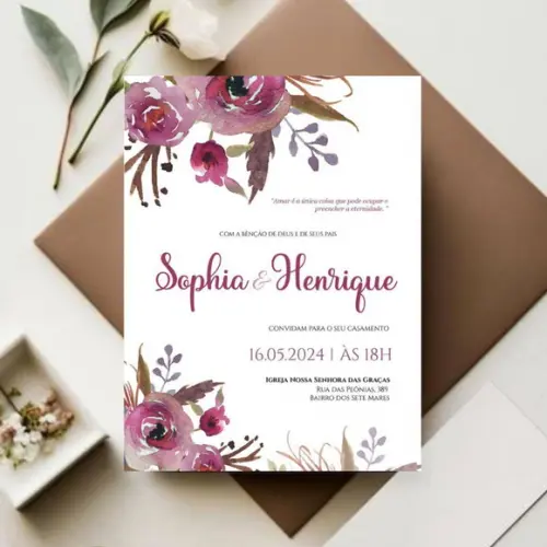 Convite de Casamento Marsala/ Roxo (arte para Imprimir)