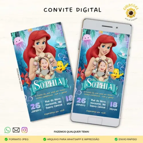 Convite Digital Ariel/ Pequena Sereia (com Foto)